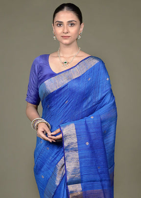 Blue Handloom Matka Pure Silk Saree With Blouse Piece