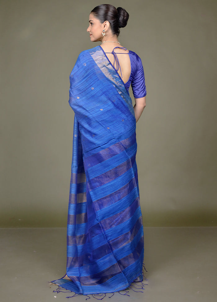 Blue Handloom Matka Pure Silk Saree With Blouse Piece