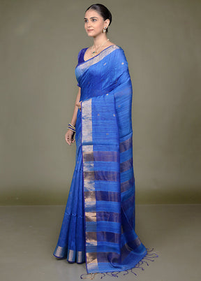 Blue Handloom Matka Pure Silk Saree With Blouse Piece