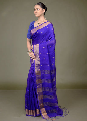 Blue Handloom Matka Pure Silk Saree With Blouse Piece