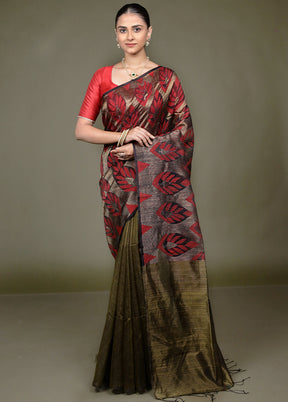 Black Handloom Matka Pure Silk Saree With Blouse Piece