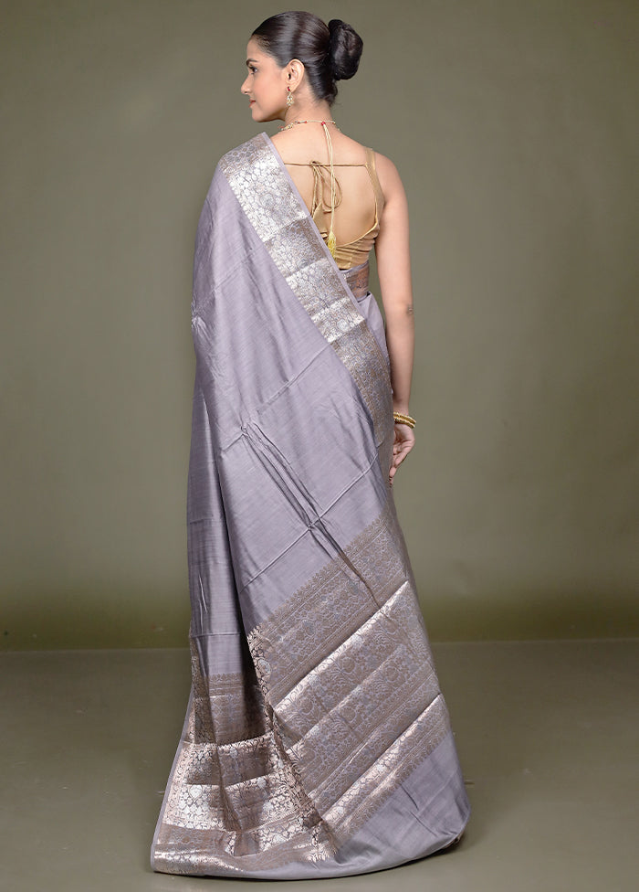 Grey Handloom Dupion Pure Silk Saree With Blouse Piece