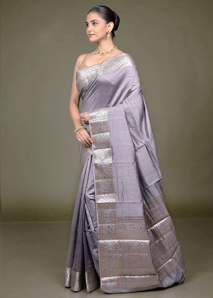 Grey Handloom Dupion Pure Silk Saree With Blouse Piece