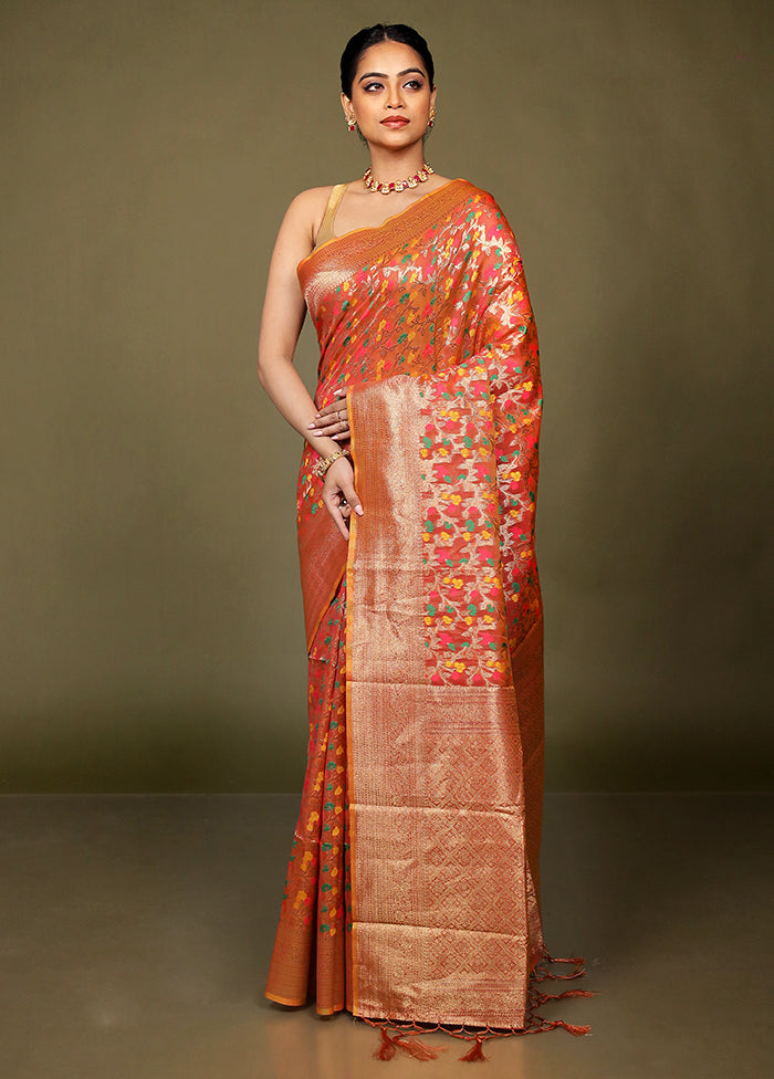 Rust Kora Silk Saree With Blouse Piece