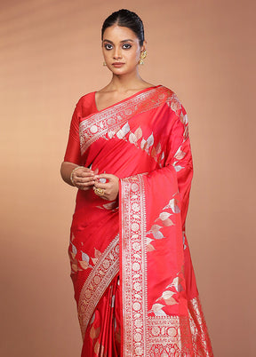 Red Handloom Banarasi Pure Silk Saree With Blouse Piece