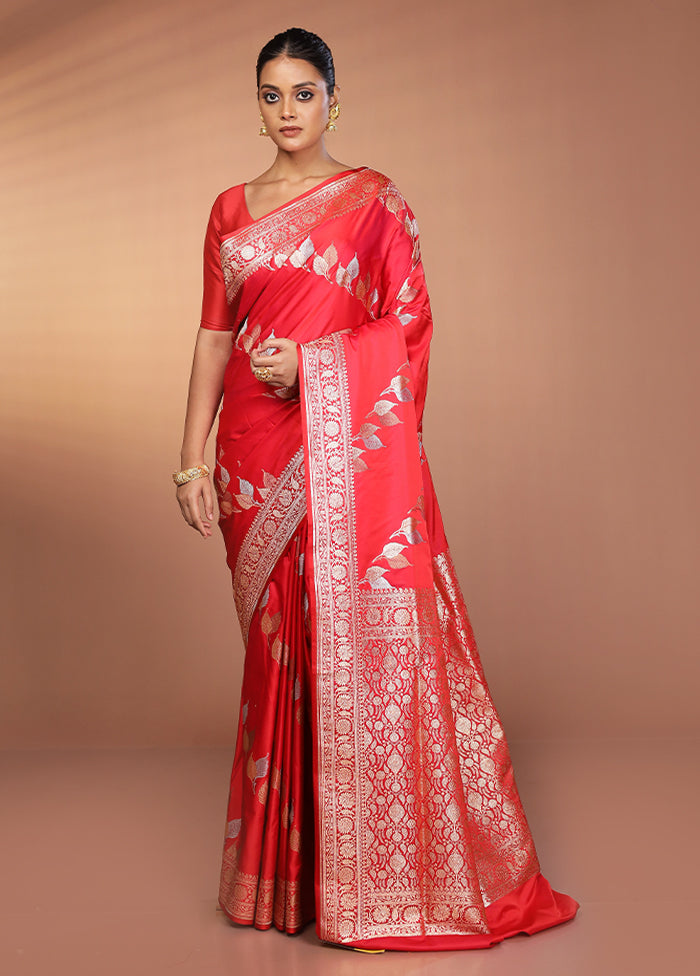Red Handloom Banarasi Pure Silk Saree With Blouse Piece