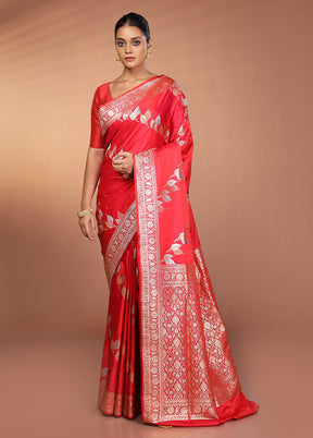 Red Handloom Banarasi Pure Silk Saree With Blouse Piece