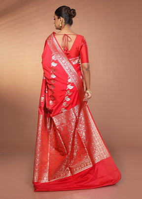 Red Handloom Banarasi Pure Silk Saree With Blouse Piece