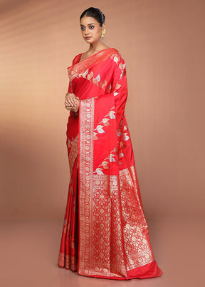 Red Handloom Banarasi Pure Silk Saree With Blouse Piece