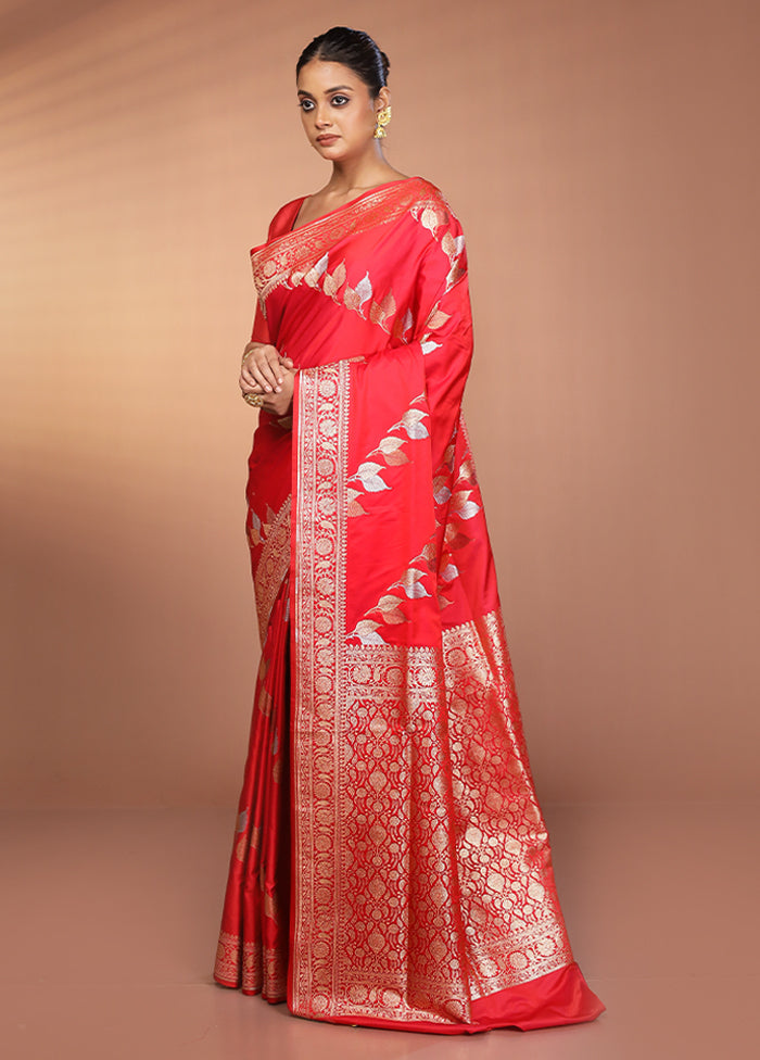 Red Handloom Banarasi Pure Silk Saree With Blouse Piece