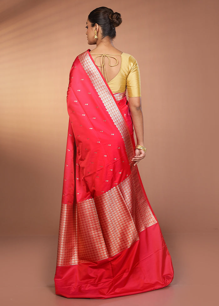 Pink Handloom Banarasi Pure Silk Saree With Blouse Piece