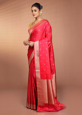 Pink Handloom Banarasi Pure Silk Saree With Blouse Piece