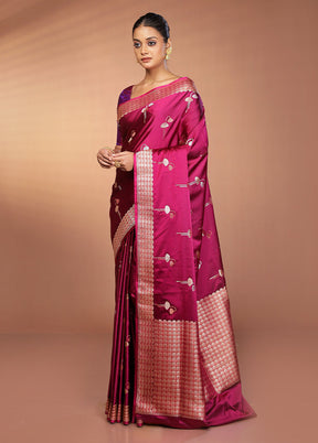 Purple Handloom Banarasi Pure Silk Saree With Blouse Piece