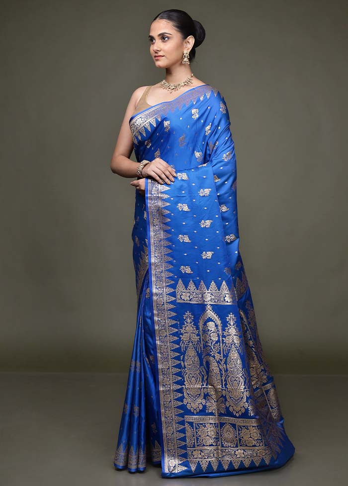 Blue Banarasi Silk Saree With Blouse Piece