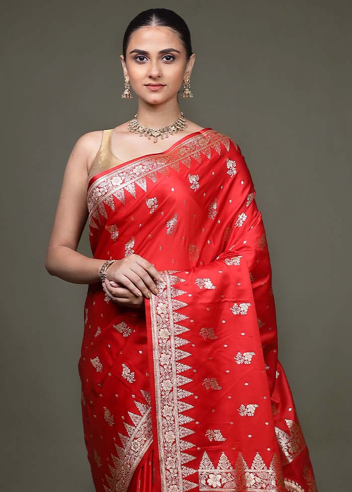 Red Banarasi Silk Saree With Blouse Piece