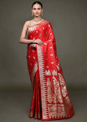 Red Banarasi Silk Saree With Blouse Piece