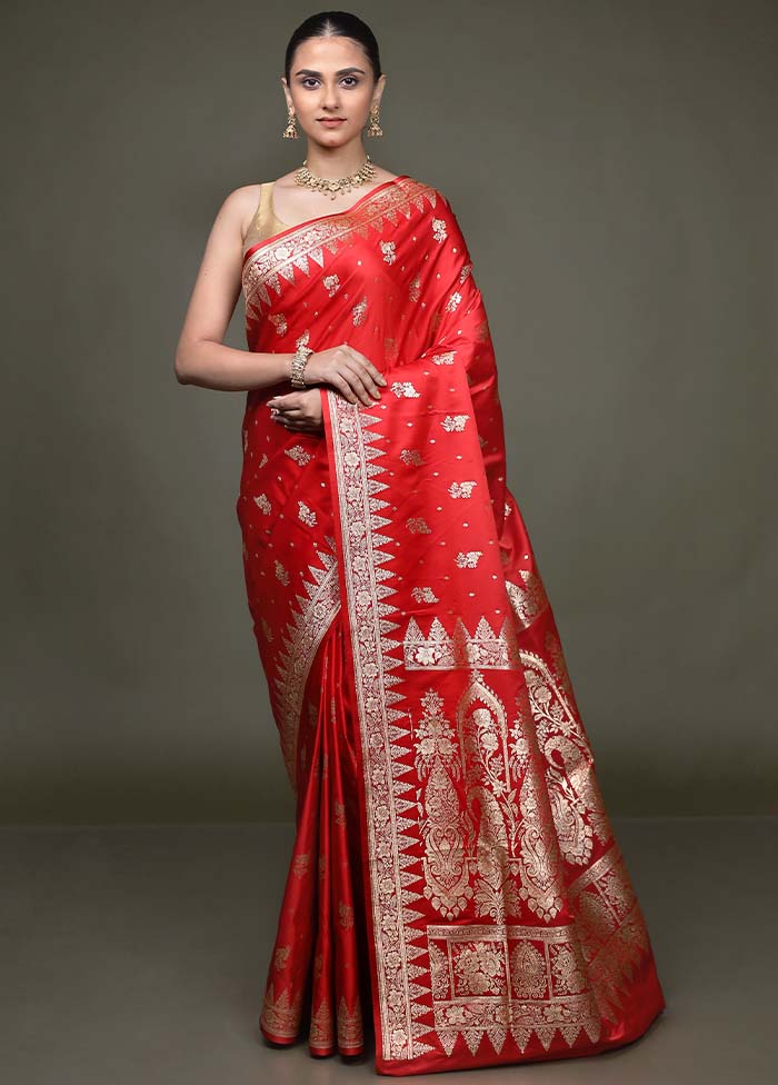 Red Banarasi Silk Saree With Blouse Piece