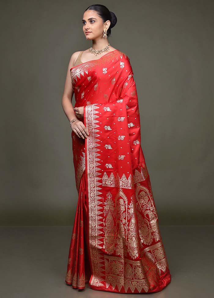 Red Banarasi Silk Saree With Blouse Piece
