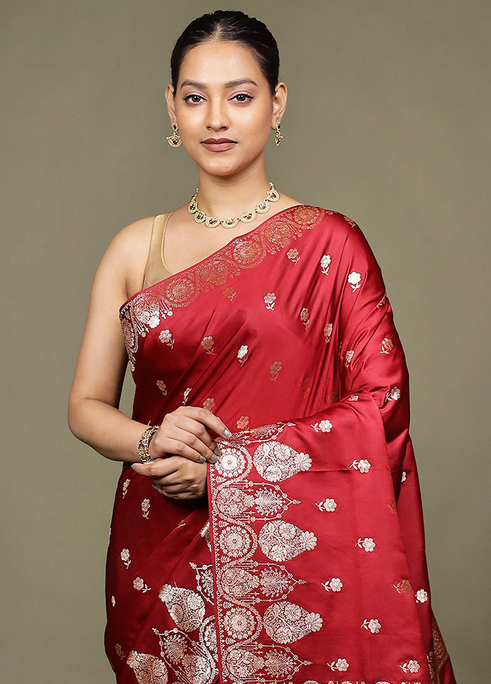 Maroon Banarasi Silk Saree With Blouse Piece