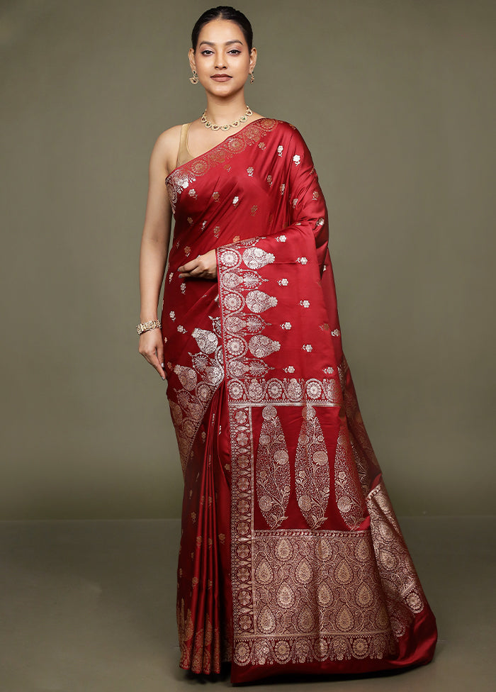 Maroon Banarasi Silk Saree With Blouse Piece