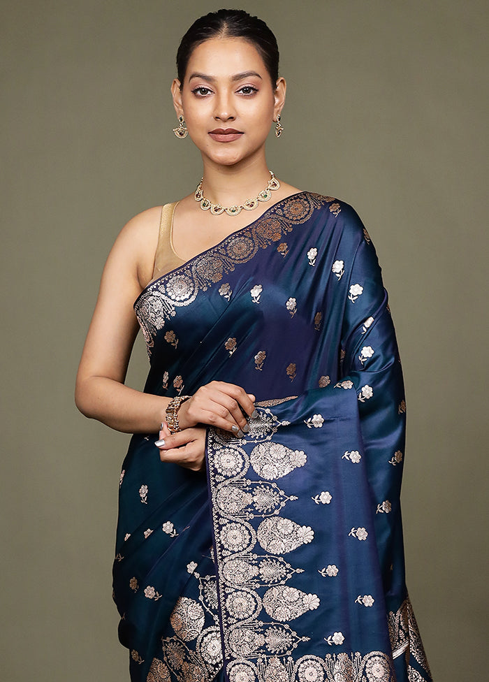 Blue Banarasi Silk Saree With Blouse Piece