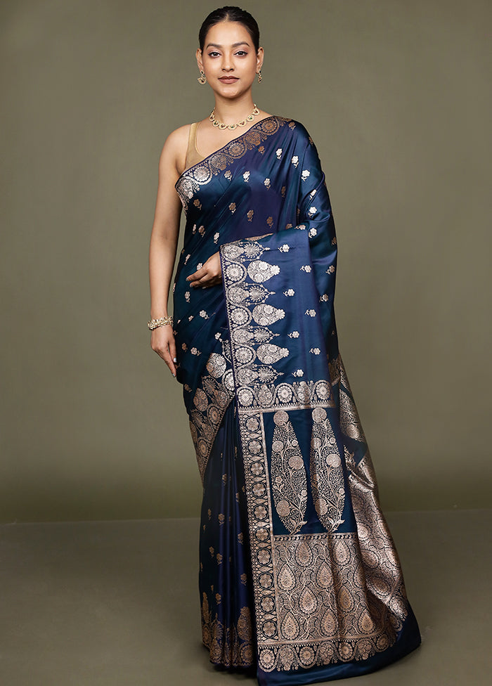 Blue Banarasi Silk Saree With Blouse Piece
