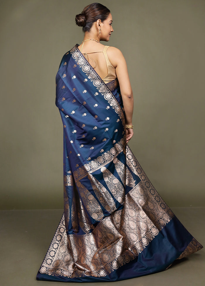 Blue Banarasi Silk Saree With Blouse Piece