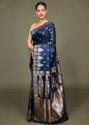 Blue Banarasi Silk Saree With Blouse Piece