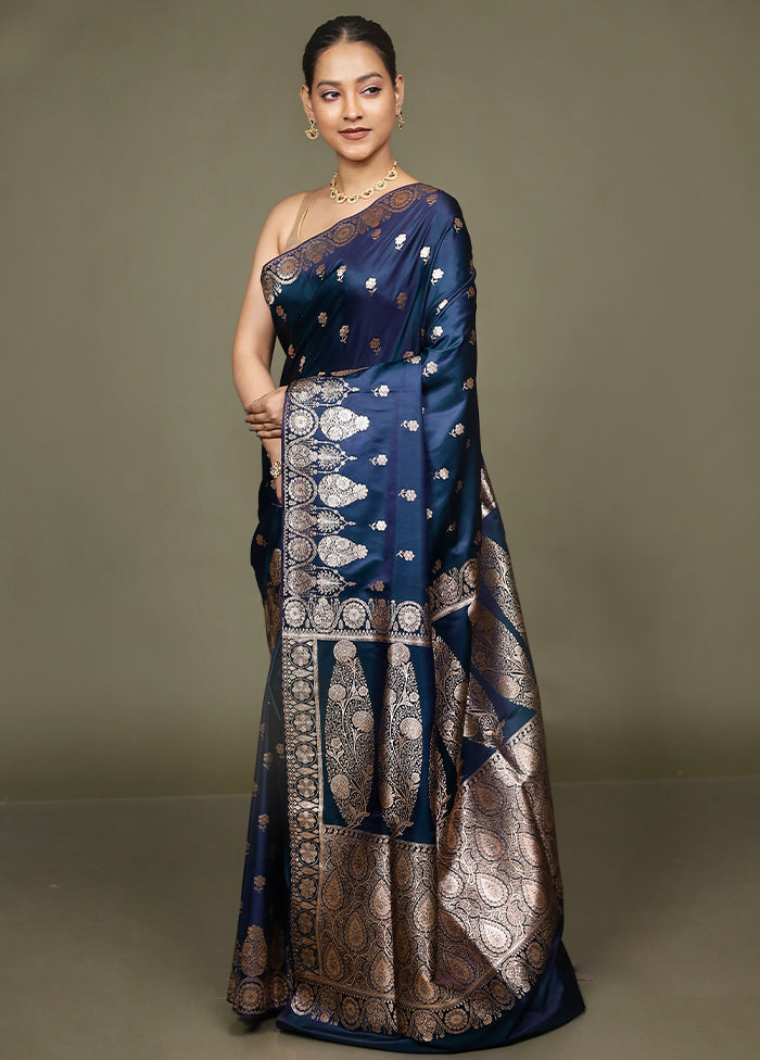 Blue Banarasi Silk Saree With Blouse Piece