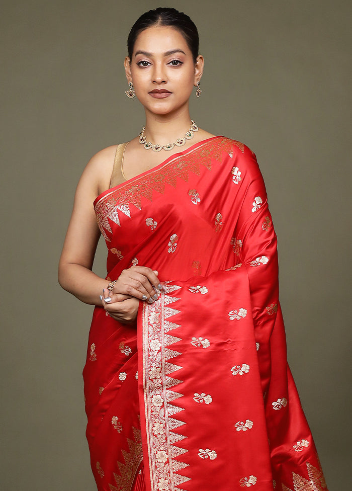 Red Banarasi Silk Saree With Blouse Piece