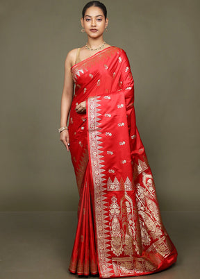 Red Banarasi Silk Saree With Blouse Piece