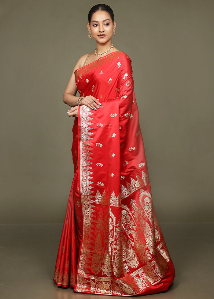 Red Banarasi Silk Saree With Blouse Piece