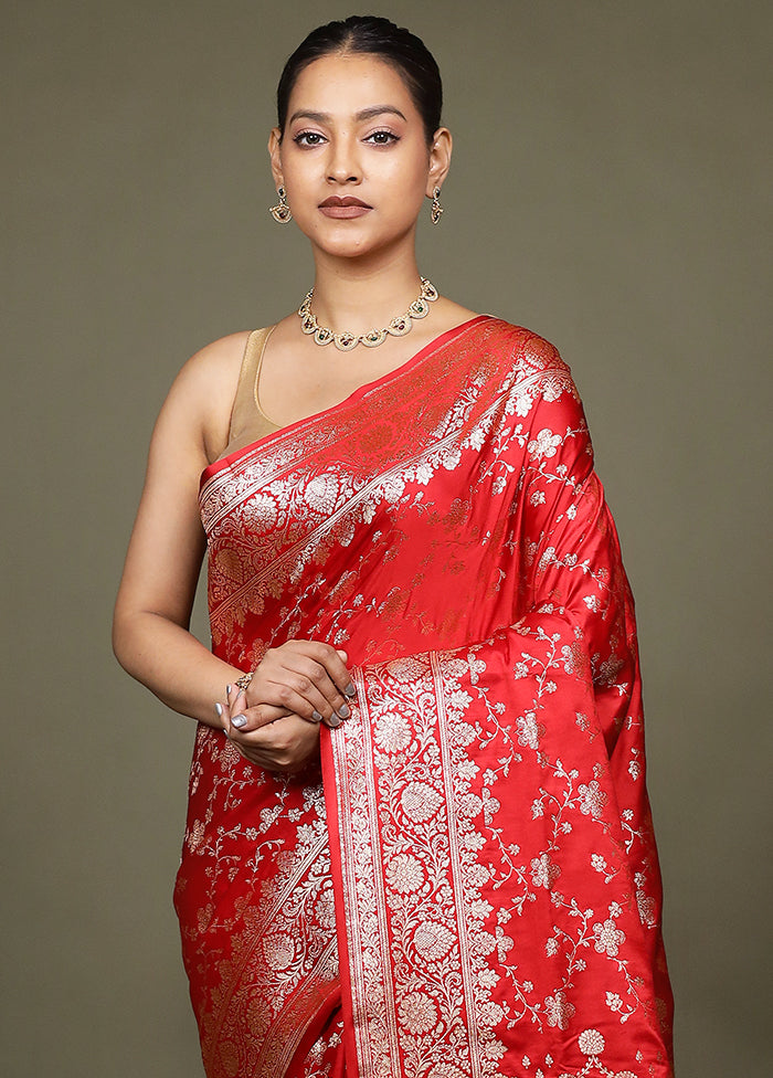 Red Banarasi Silk Saree With Blouse Piece