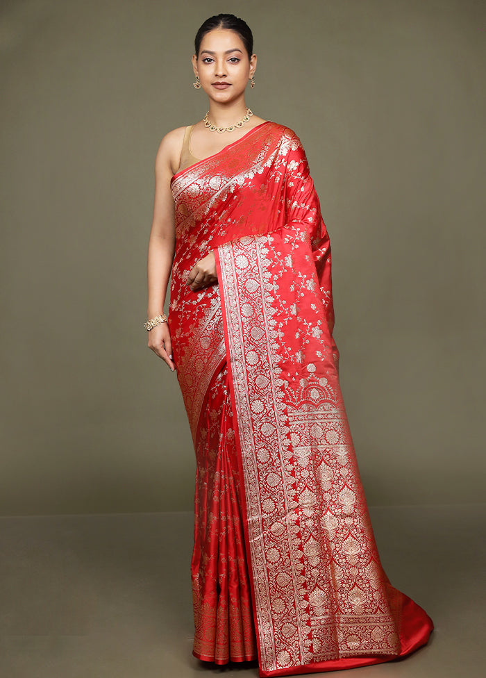 Red Banarasi Silk Saree With Blouse Piece