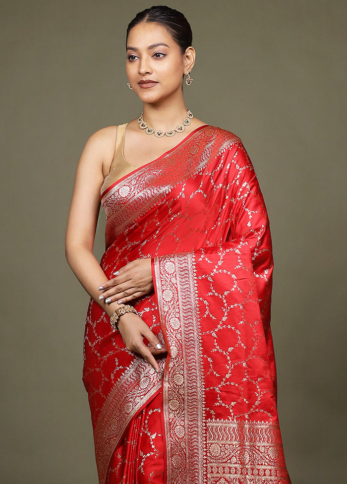 Red Banarasi Silk Saree With Blouse Piece