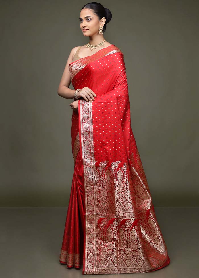 Red Banarasi Silk Saree With Blouse Piece