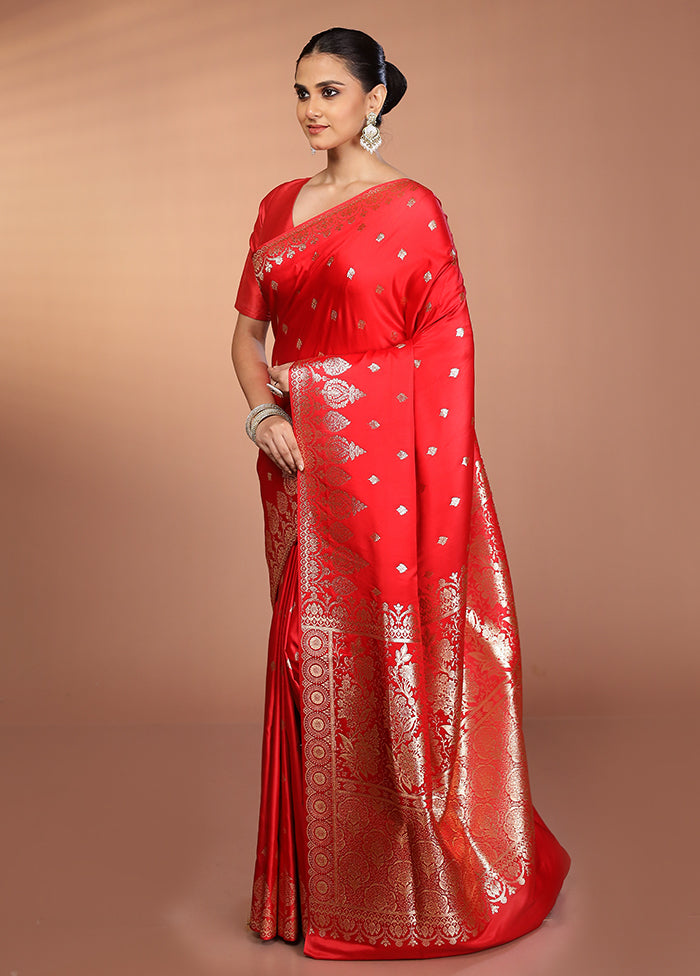 Red Banarasi Silk Saree With Blouse Piece