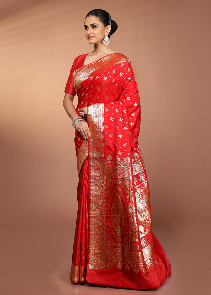 Red Banarasi Silk Saree With Blouse Piece