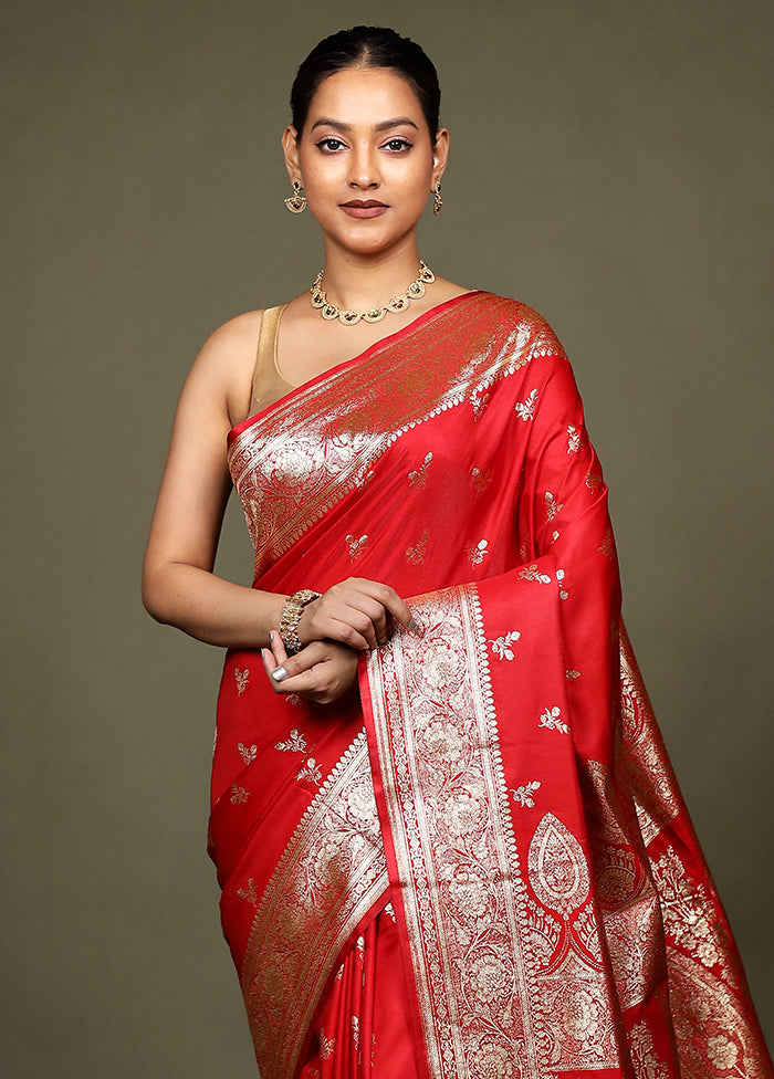 Red Banarasi Silk Saree With Blouse Piece