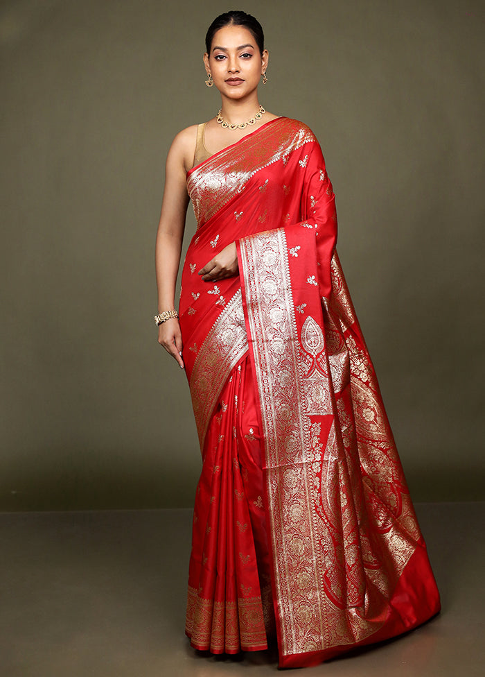 Red Banarasi Silk Saree With Blouse Piece