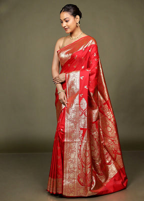 Red Banarasi Silk Saree With Blouse Piece