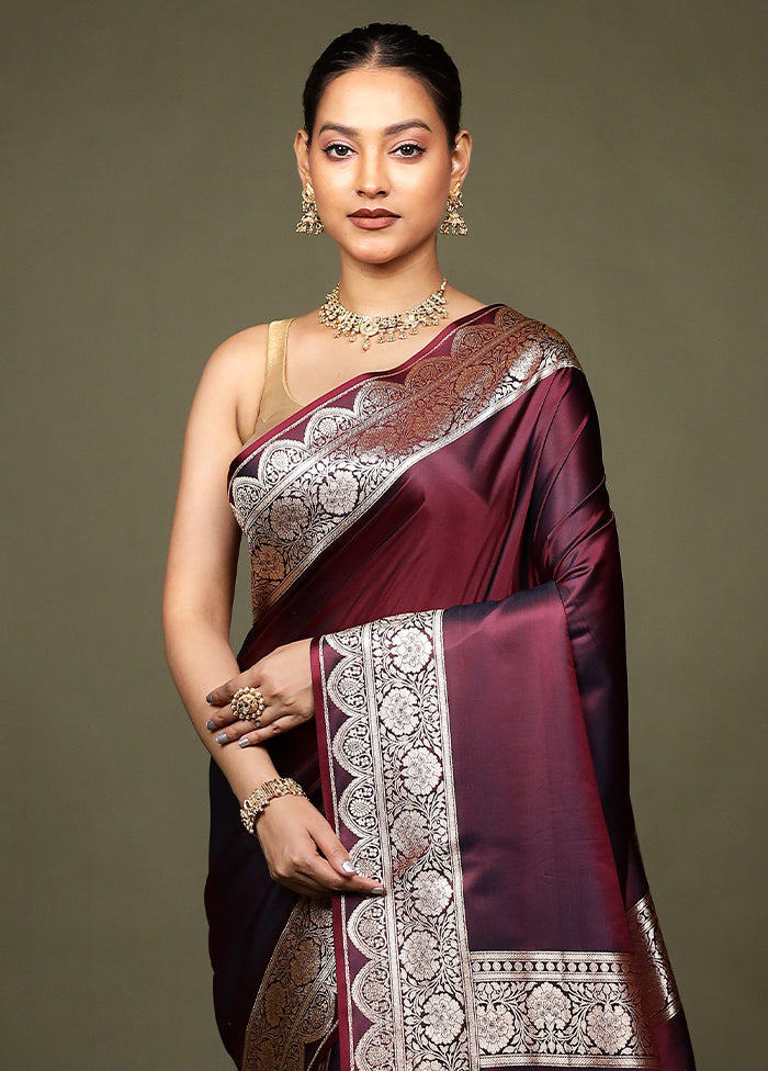 Maroon Banarasi Silk Saree With Blouse Piece