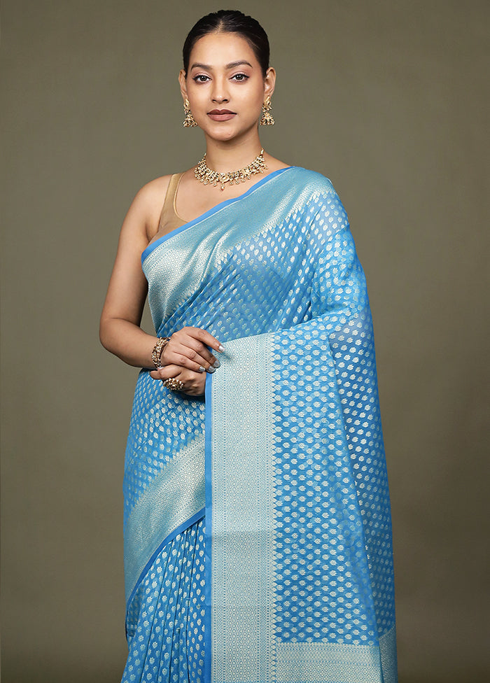 Blue Kora Silk Saree With Blouse Piece