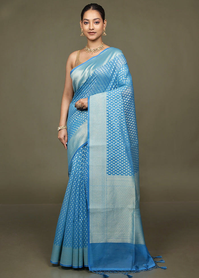 Blue Kora Silk Saree With Blouse Piece