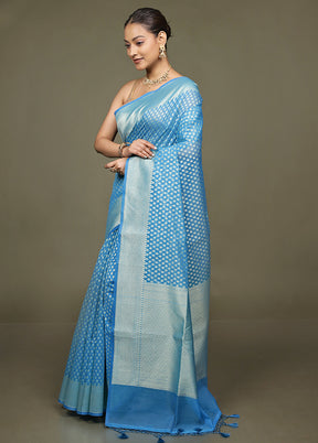 Blue Kora Silk Saree With Blouse Piece