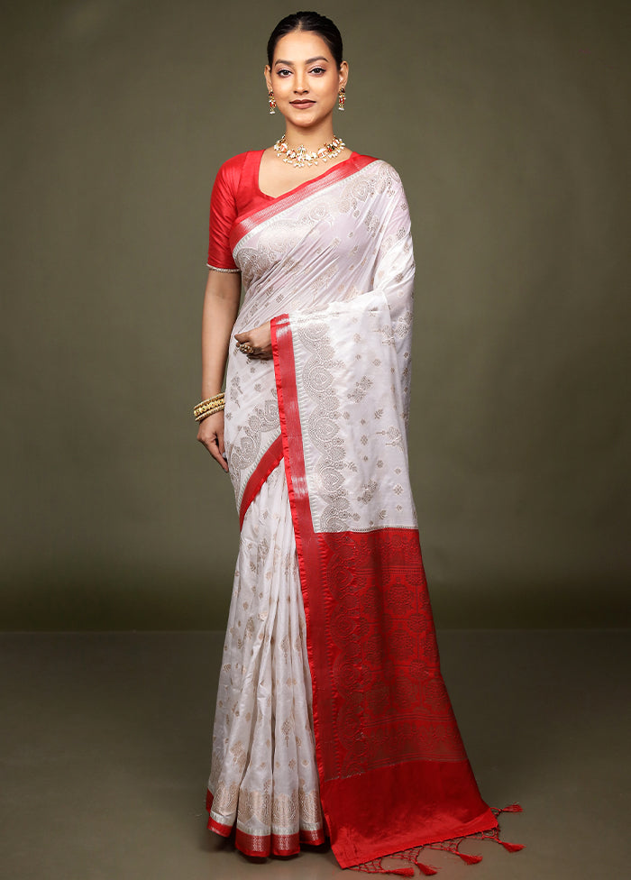 White Dupion Silk Saree With Blouse Piece