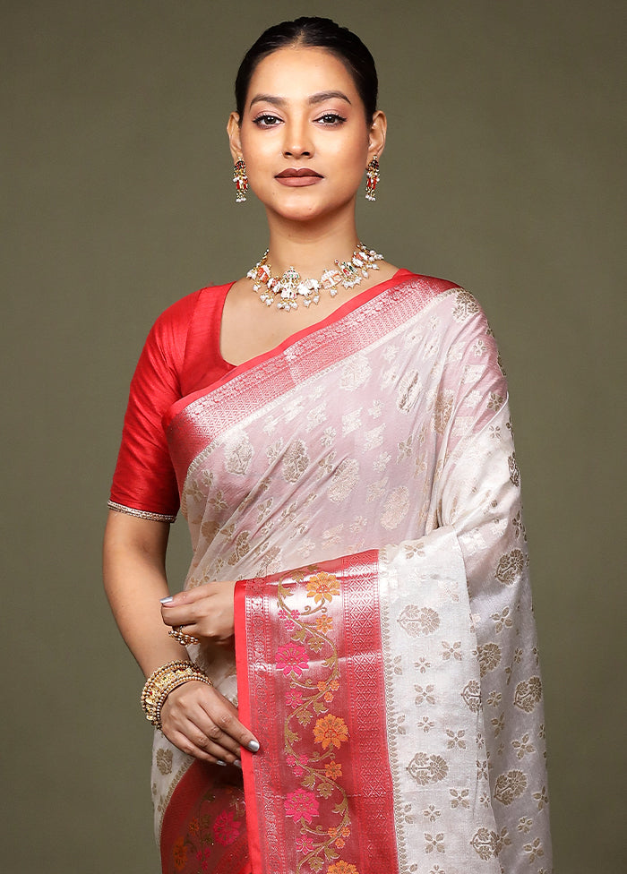 White Dupion Silk Saree With Blouse Piece
