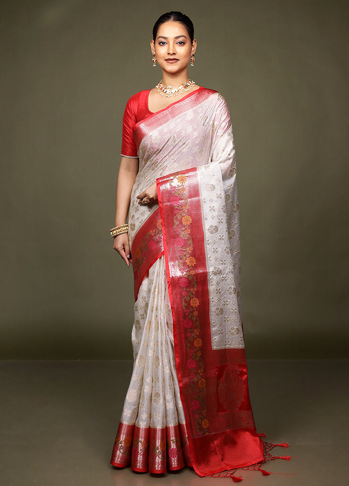 White Dupion Silk Saree With Blouse Piece