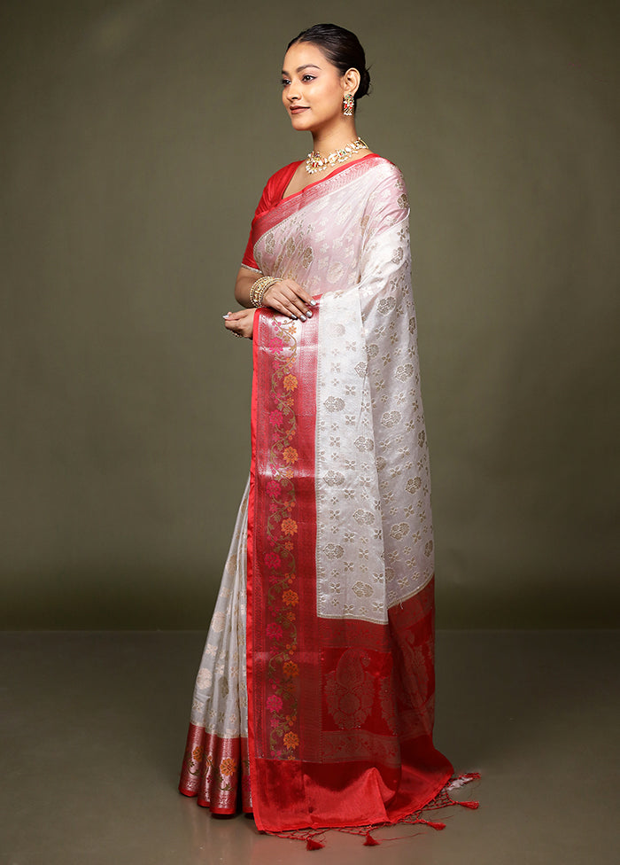 White Dupion Silk Saree With Blouse Piece