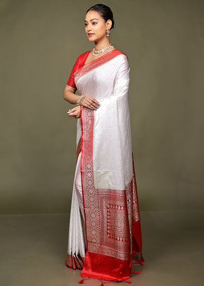 White Katan Silk Saree With Blouse Piece